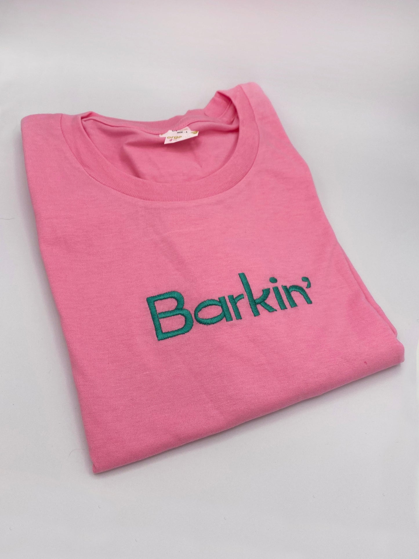 SAMPLE SALE - Barkin’ Embroidered Tee - LARGE Pink & Teal