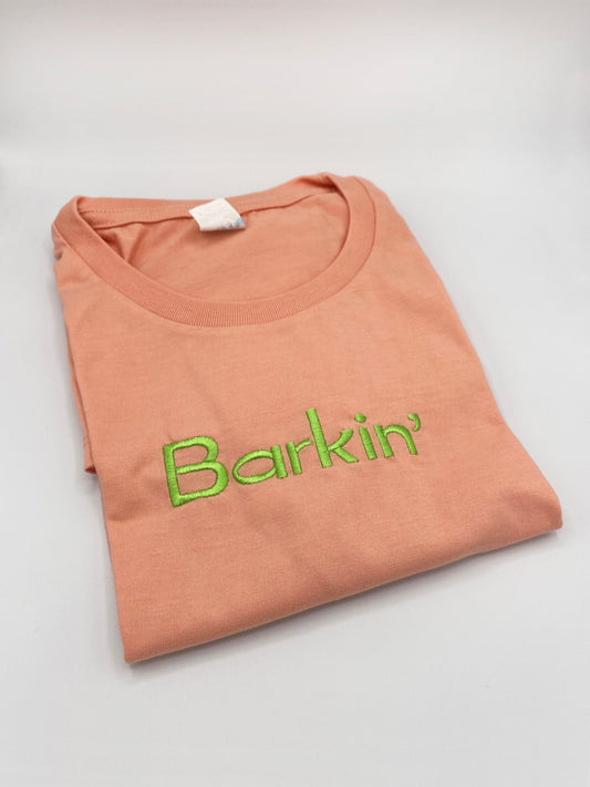 SAMPLE SALE - Barkin’ Embroidered Tee - LARGE  Peach & Neon Green