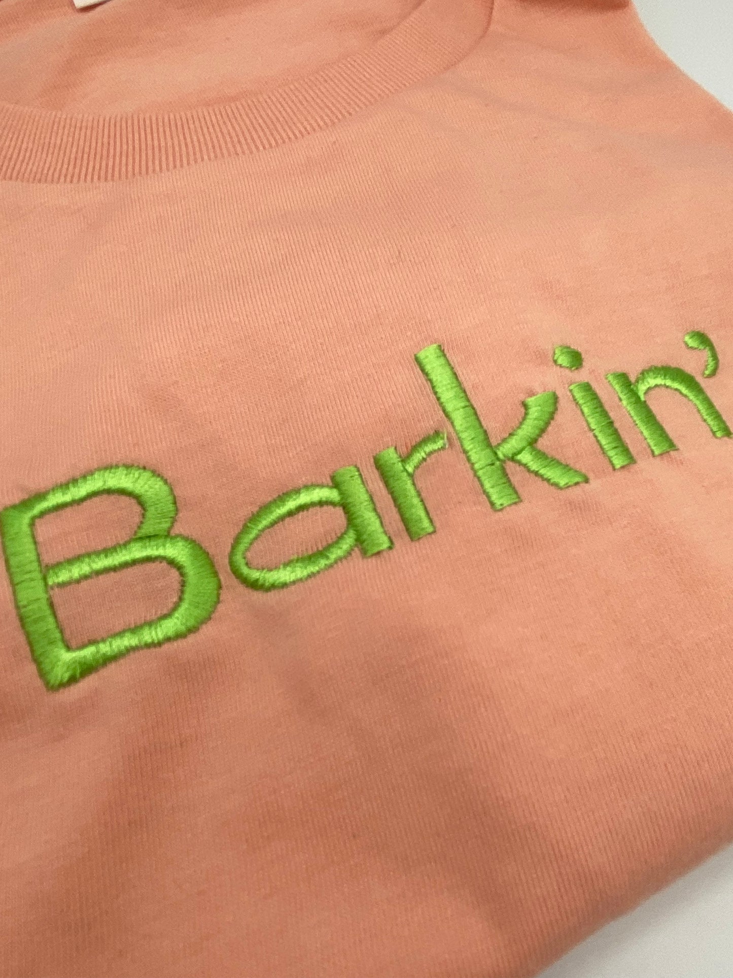 SAMPLE SALE - Barkin’ Embroidered Tee - LARGE  Peach & Neon Green