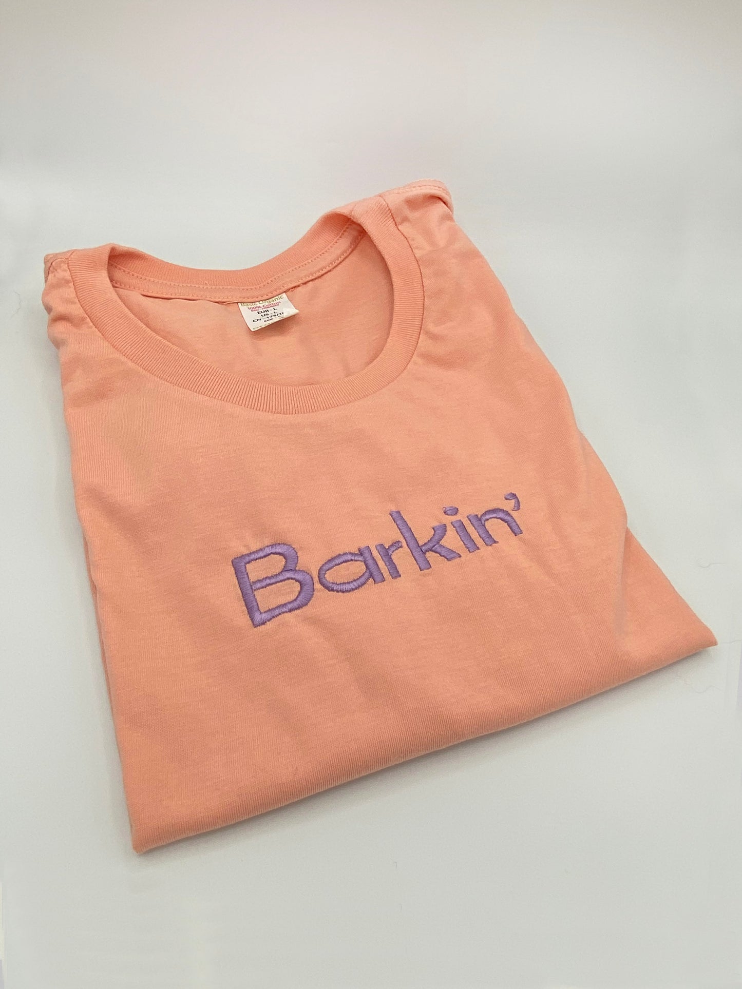 SAMPLE SALE - Barkin’ Embroidered Tee - LARGE  Peach & Violet