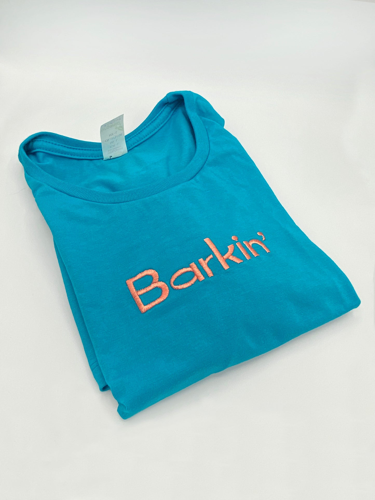 SAMPLE SALE - Barkin’ Embroidered Tee - LARGE Blue & Peach