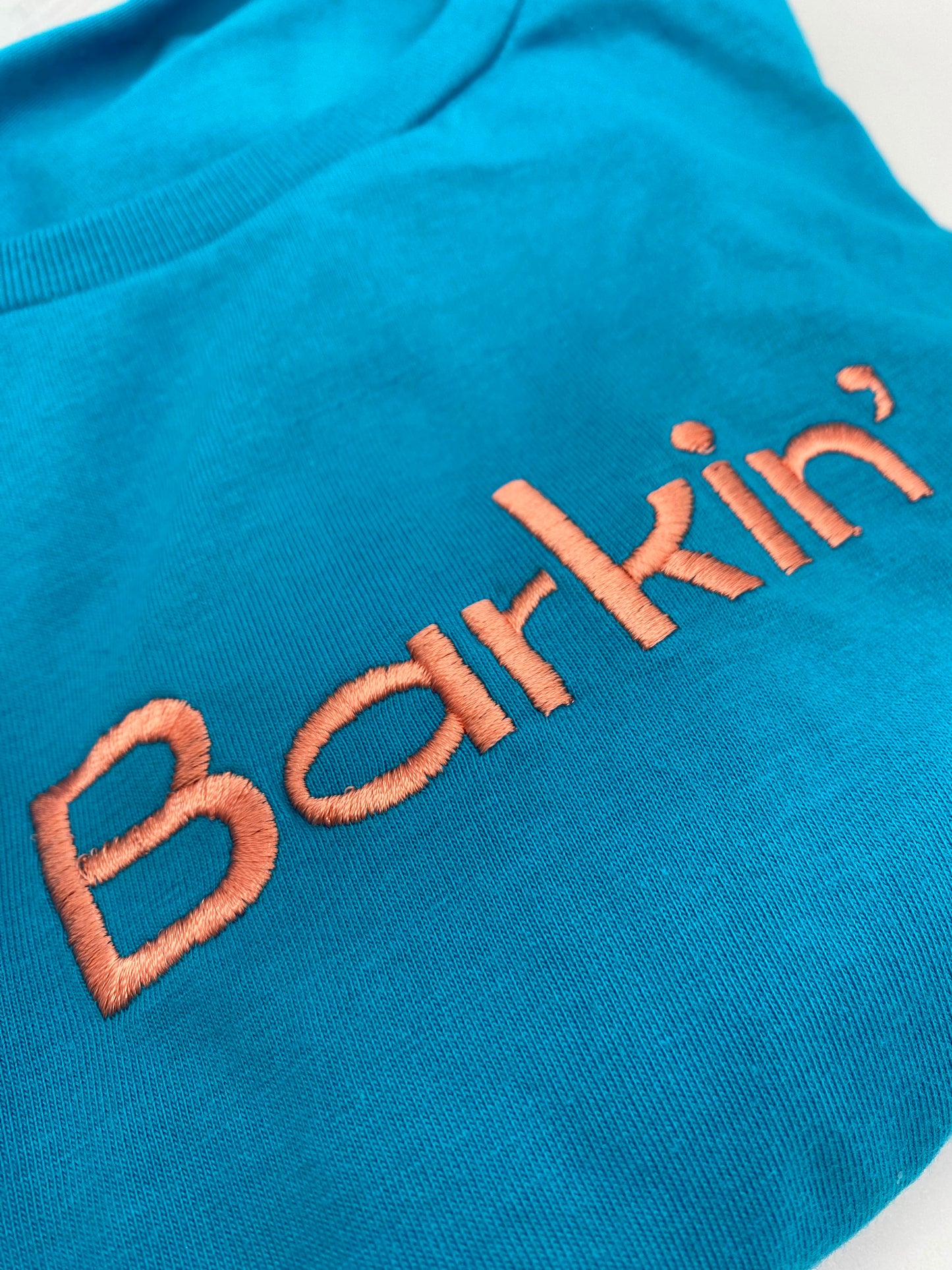 SAMPLE SALE - Barkin’ Embroidered Tee - LARGE Blue & Peach