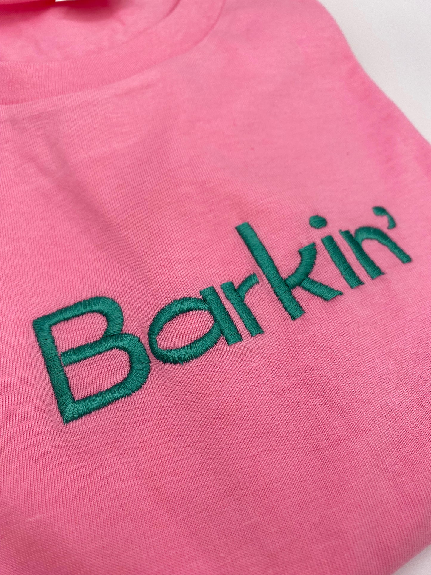 SAMPLE SALE - Barkin’ Embroidered Tee - LARGE  Pink & Teal