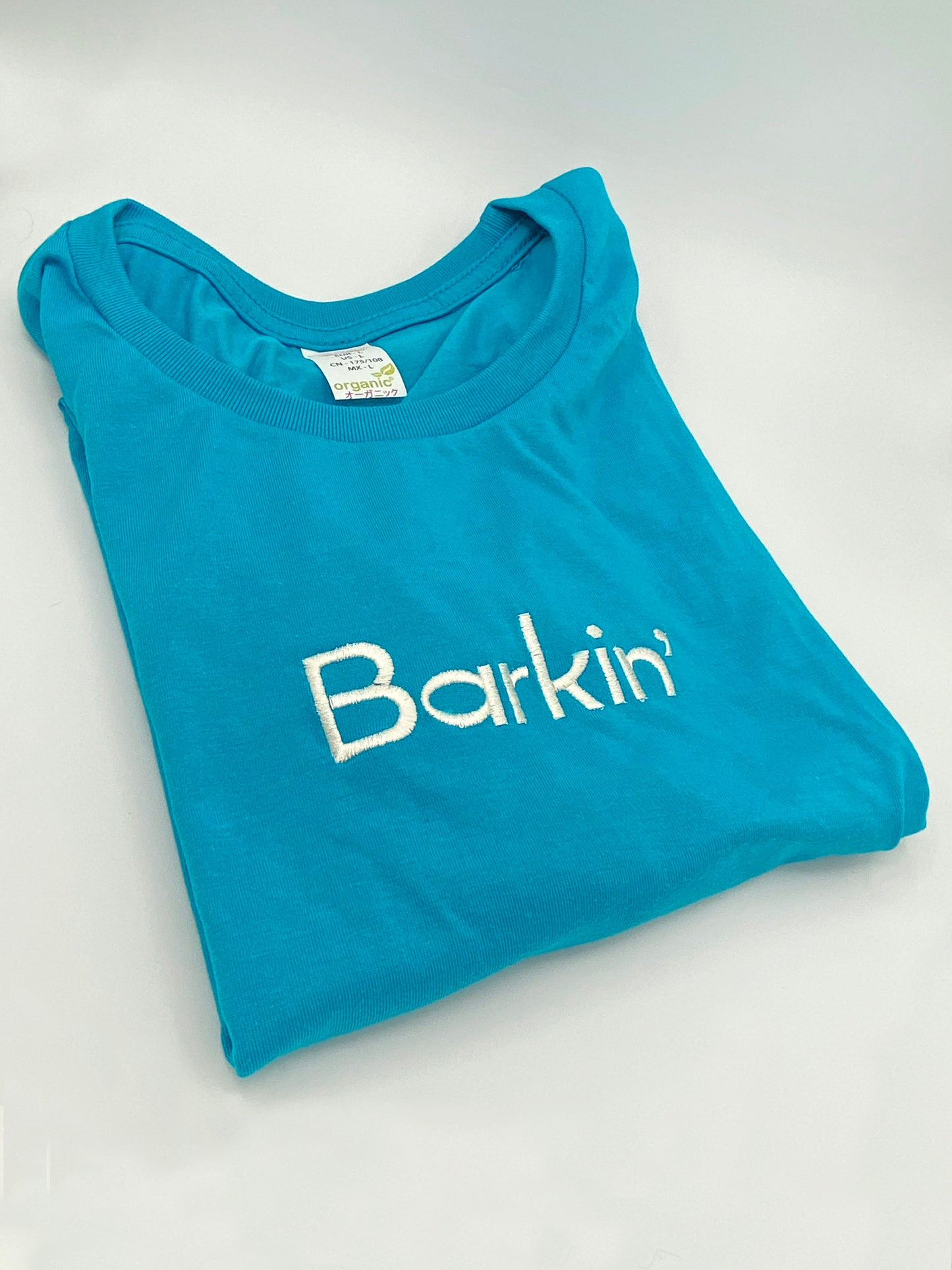 SAMPLE SALE - Barkin’ Embroidered Tee - LARGE Blue & White