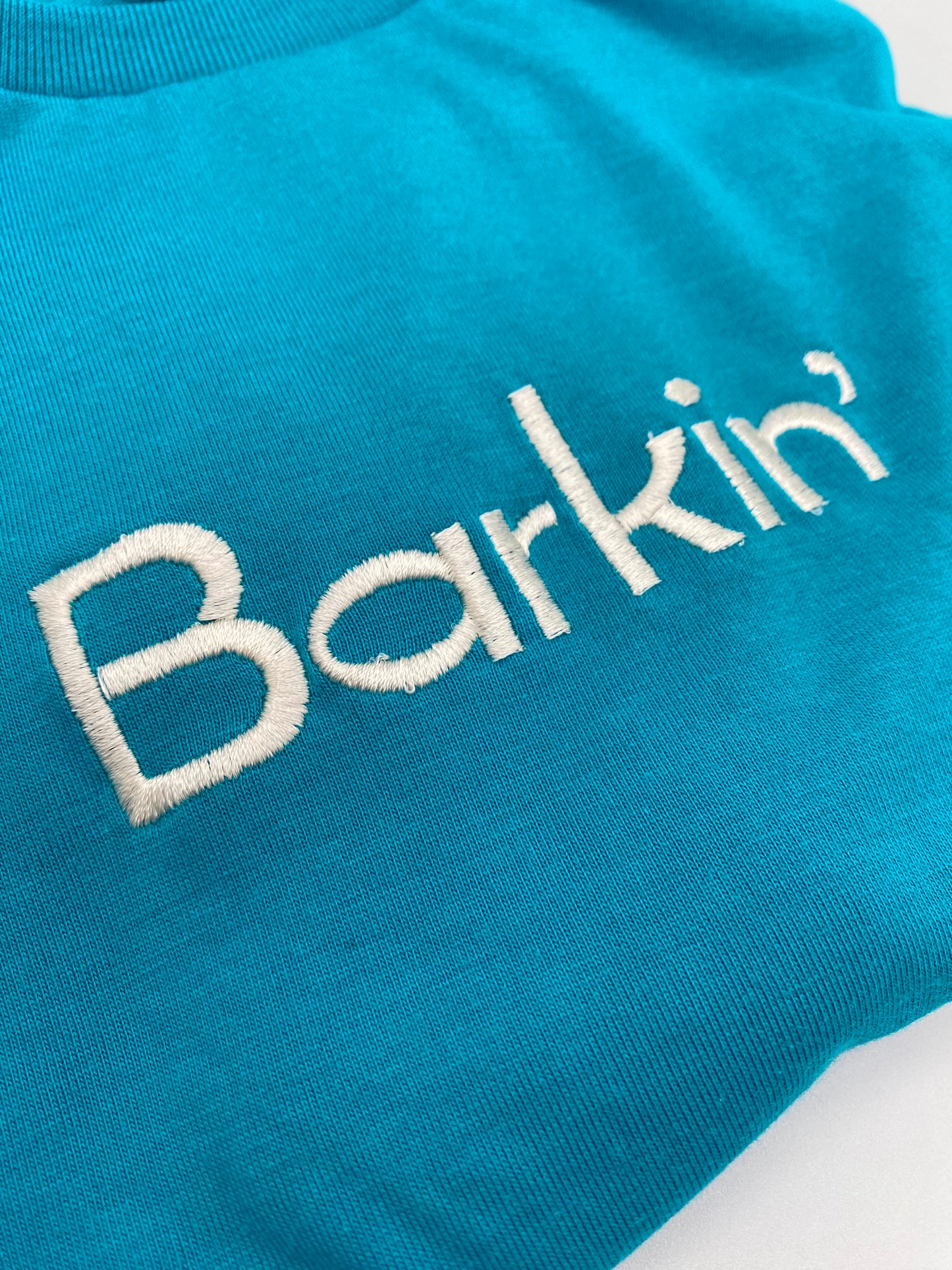 SAMPLE SALE - Barkin’ Embroidered Tee - LARGE Blue & White